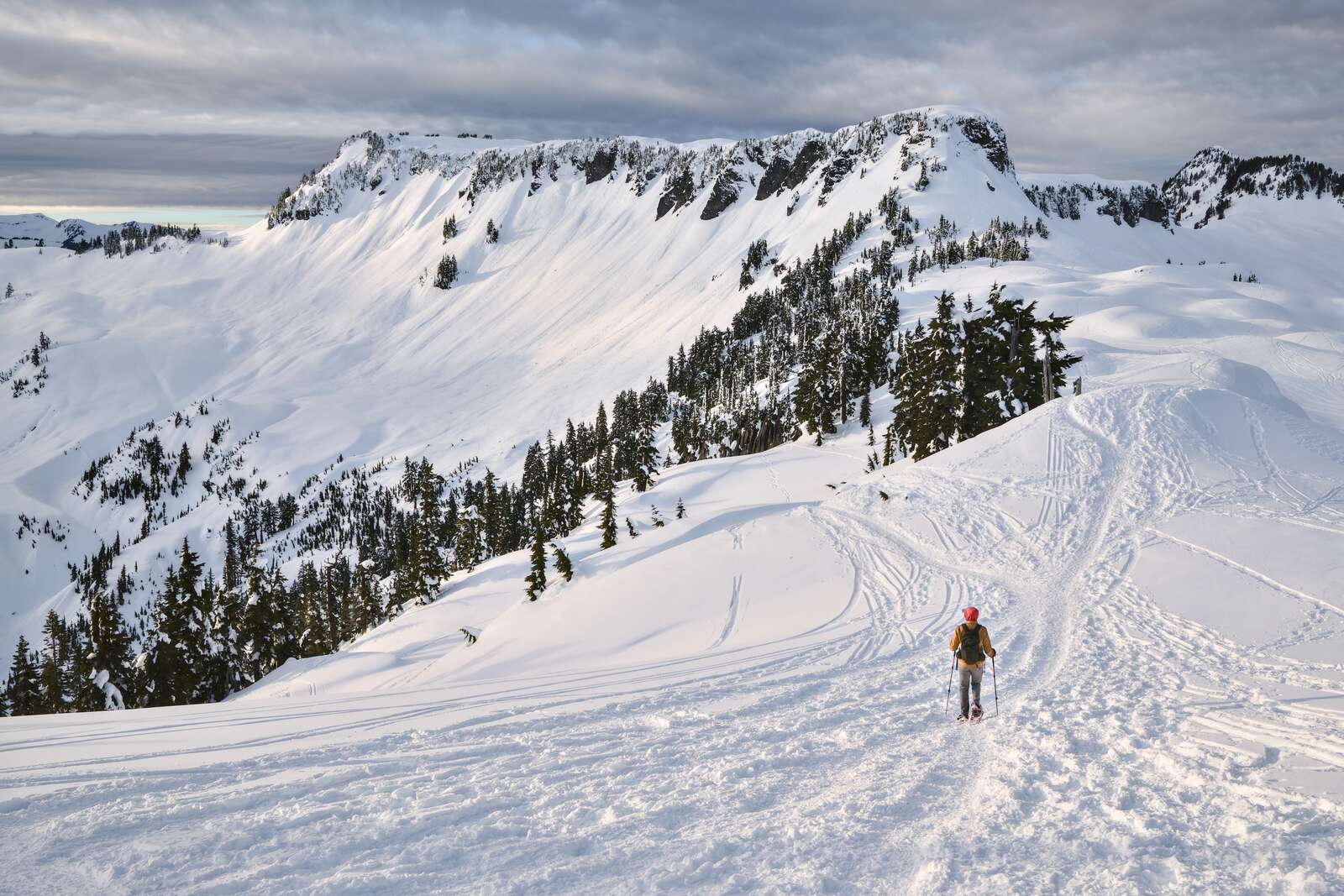 Looking onto frozen mountains at sunset